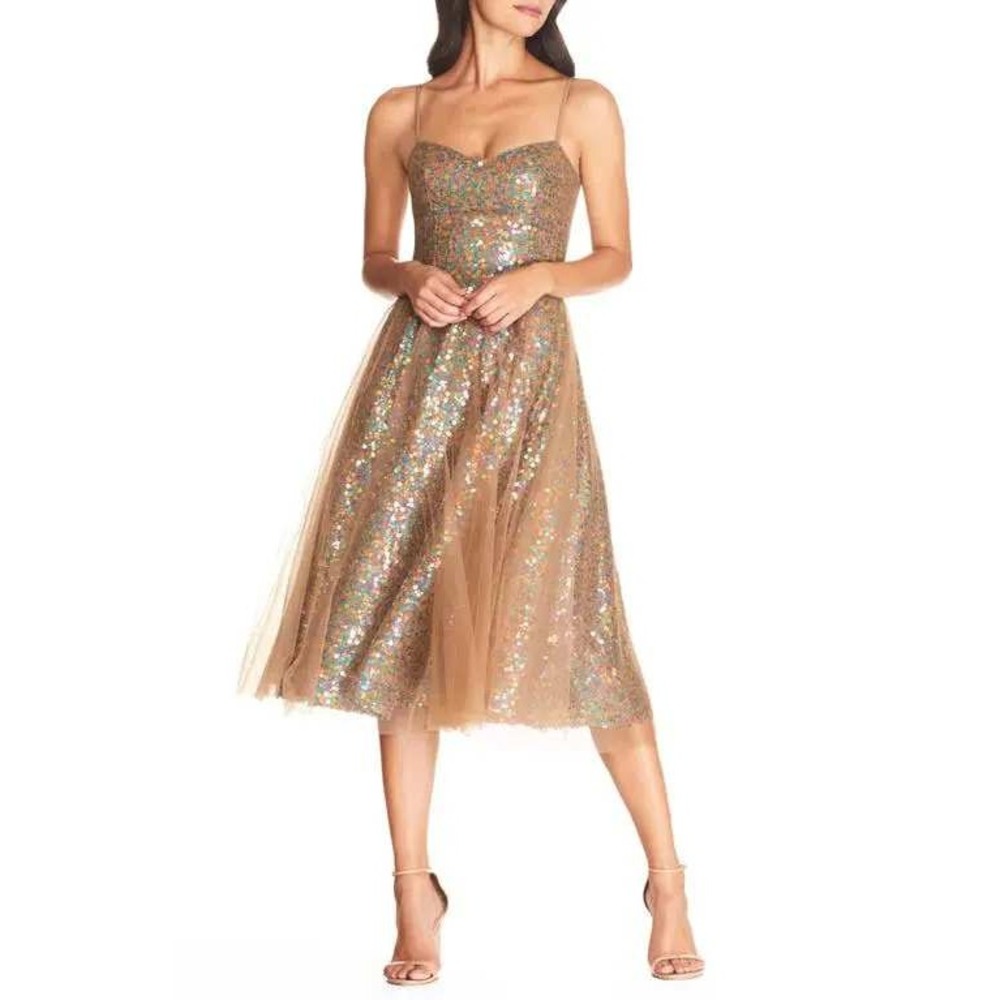 Dress The Population Ensley Nude Multi Color Sequin Tulle Fit Flare Dress XXL